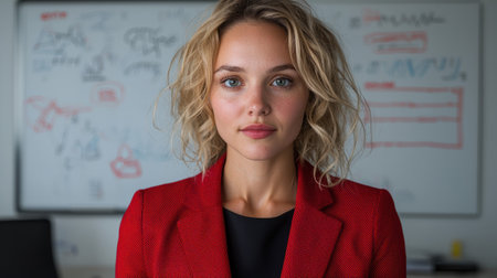 Portrait of a young businesswoman in a red blazerの素材