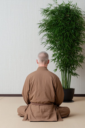 Serene man meditating in a peaceful room with a bamboo plantの素材