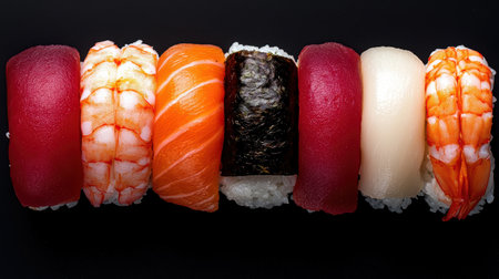 Delicious sushi platter on black backgroundの素材