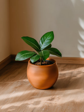 Orange pot with green plant on wooden floorの素材