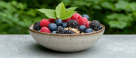 Close-up of a bowl of fresh mixed berries and oatmealの素材