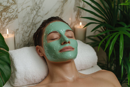 Woman relaxing with a face mask at a spaの素材