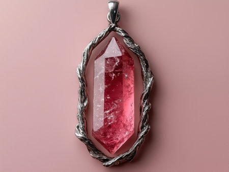 Pink crystal gemstone pendant on pink backgroundの素材