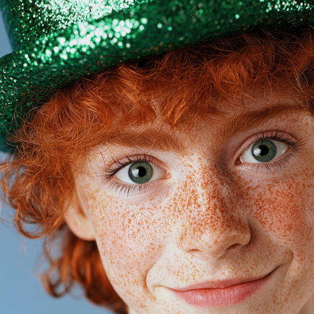 Close-up portrait of a freckled redhead child wearing a green sparkly hatの素材