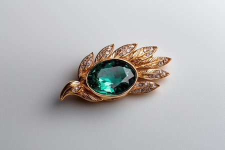 Gold brooch with green gemstone and diamondsの素材