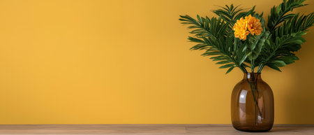 Yellow flowers in a brown vase against a yellow wallの素材