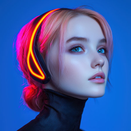 Woman with neon pink headphones in a blue studioの素材