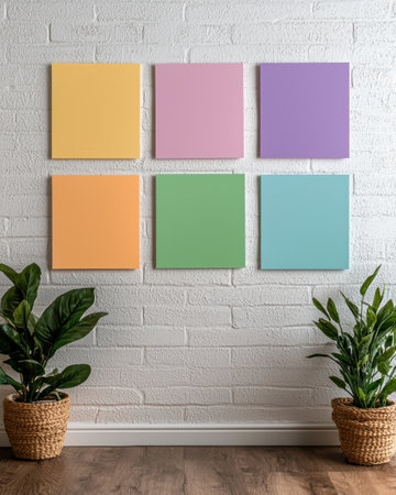 Pastel colored canvas prints on a white brick wall with plantsの素材
