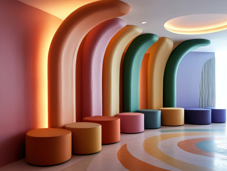 Abstract rainbow-colored seating area in modern buildingの素材