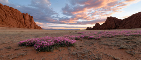 Pink flowers blooming in the desert at sunsetの素材