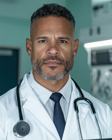 Portrait of a serious doctor in a hospitalの素材