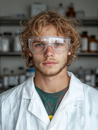Young male scientist in lab coat and safety glassesの素材
