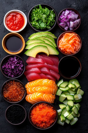 Variety of fresh ingredients for poke bowl preparationの素材