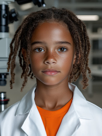 Portrait of a young scientist girl in a lab coatの素材