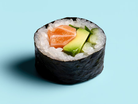 Close-up of a delicious sushi roll with salmon and avocadoの素材