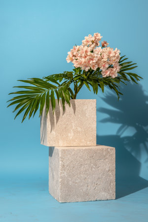 Pink flowers in a stone pot on a blue backgroundの素材