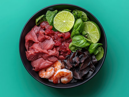 Delicious and healthy poke bowl with tuna, shrimp, and seaweedの素材