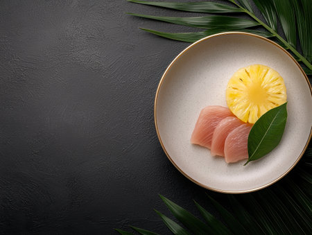 Close-up of fresh tuna sashimi with pineapple on a plateの素材