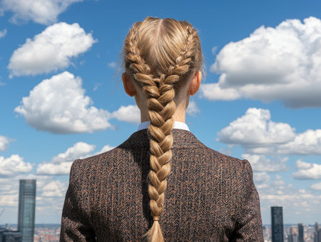 Businesswoman with long braid looking at city skyline from rooftopの素材