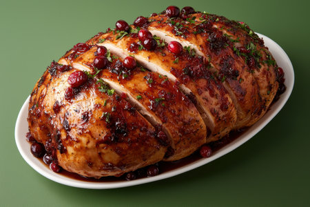 Sliced cranberry glazed turkey breast on a platterの素材