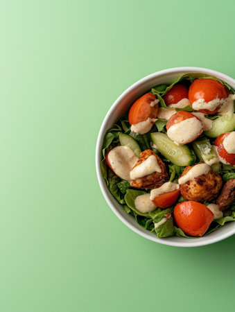 Delicious chicken salad with tomatoes and cucumbers in a white bowlの素材
