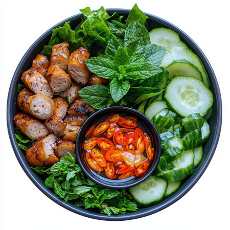 Delicious grilled pork with fresh herbs and cucumber salad in a black bowlの素材