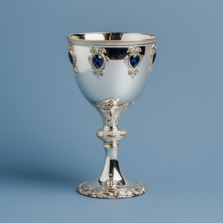 Ornate silver chalice with blue gemstone accentsの素材