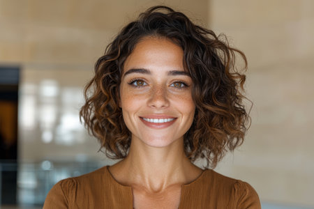 Smiling woman with curly hair and frecklesの素材