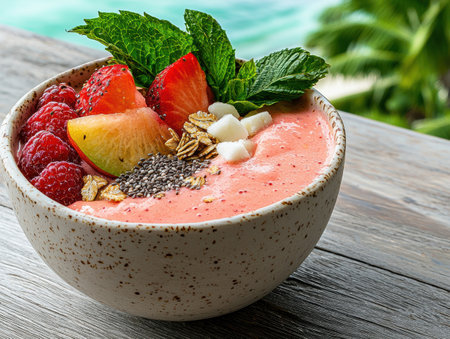 Delicious and healthy smoothie bowl with fresh fruit and granolaの素材