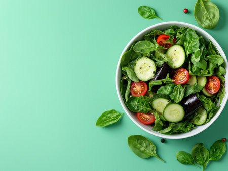 Fresh green salad with cucumbers, tomatoes, and eggplant in a white bowlの素材