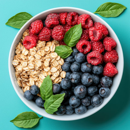 Healthy breakfast bowl with oatmeal, raspberries, and blueberriesの素材