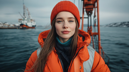 Woman in orange jacket on boat in arctic seaの素材