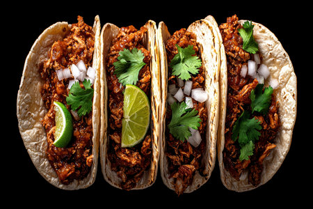 Four delicious tacos with meat, onions, cilantro, and lime wedgesの素材