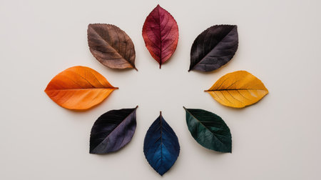 Autumn leaves arranged in a circle on a white backgroundの素材