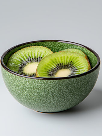 Close-up of fresh kiwi slices in a green bowlの素材
