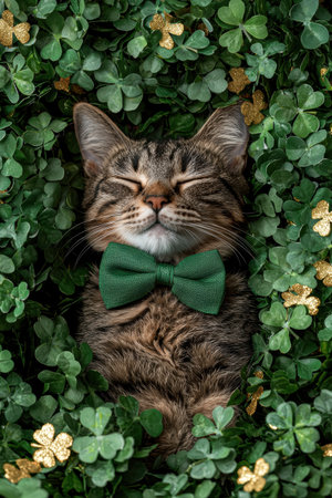 Adorable tabby cat wearing a green bow tie, nestled in shamrocks for St. Patrick's Dayの素材