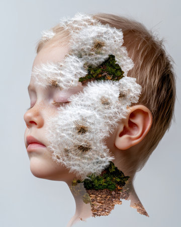 Double exposure portrait of a child with dandelions and mossの素材