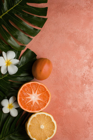 Flatlay of citrus fruits and tropical leaves on pink backgroundの素材