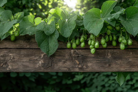 Green fruits hanging from a wooden fenceの素材