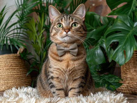 Brown tabby cat wearing a bow tie sits on a fluffy rug, surrounded by lush green plantsの素材