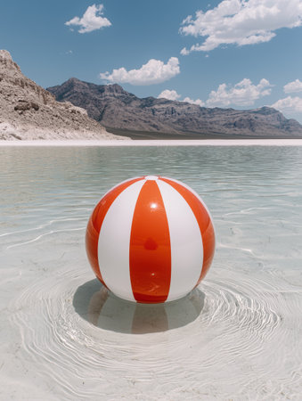 Red and white beach ball floating in clear water with mountains in the backgroundの素材