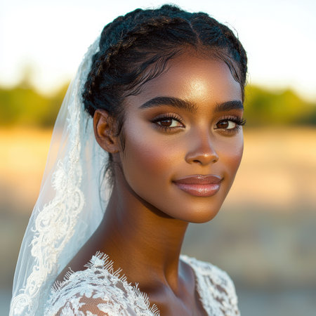 Beautiful bride with braided hair and lace veilの素材
