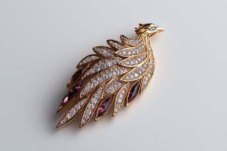 Gold phoenix brooch with diamonds and pink gemstonesの素材