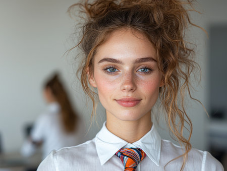 Portrait of a young woman with freckles and blue eyes wearing a white shirt and a colorful tieの素材