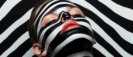 Close-up of a woman's face with black and white zebra stripes makeupの素材