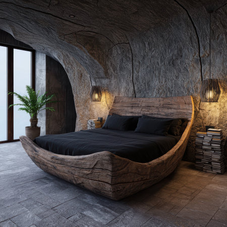 Unique wooden bed in a cave-like bedroomの素材