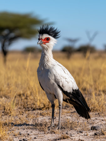 Secretarybird standing in dry grass savannaの素材