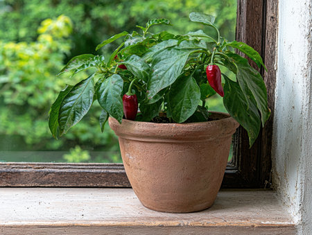 Red chili pepper plant in a terracotta pot on a windowsillの素材