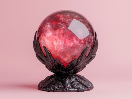 Red crystal ball on black stand against pink backgroundの素材