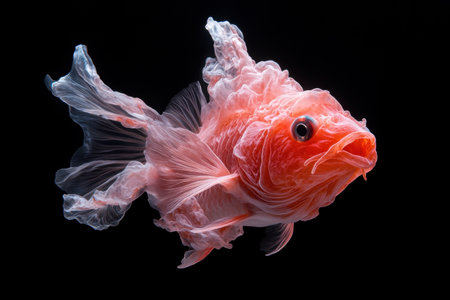 Vibrant orange koi fish with flowing fins in dark backgroundの素材